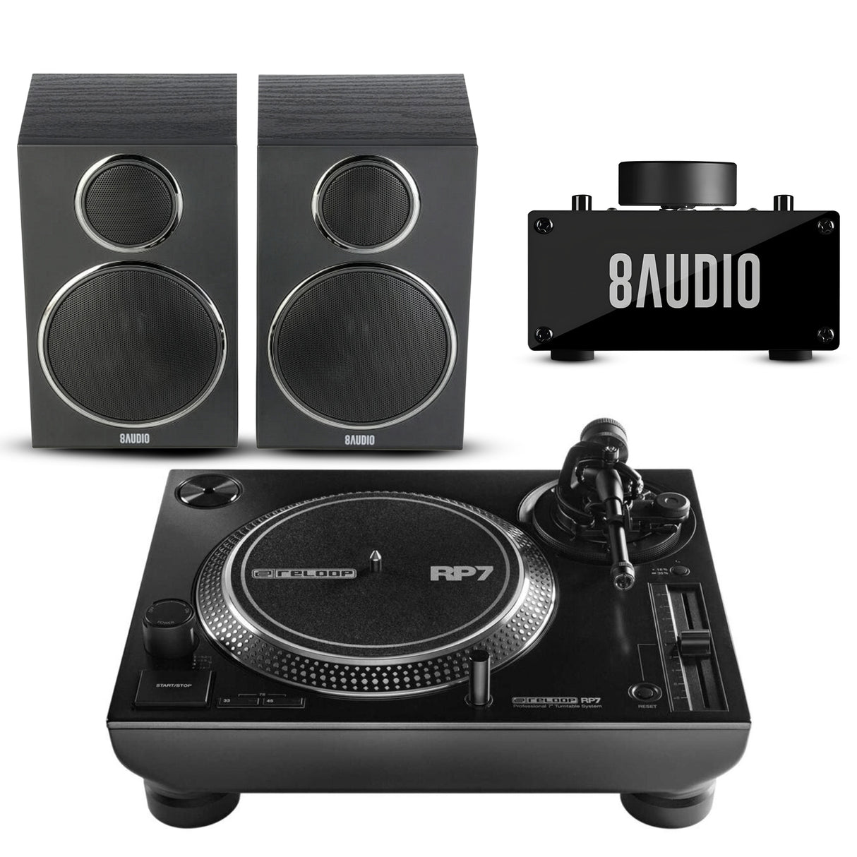 Reloop RP-7 Pro 7in Vinyl Turntable System with Amplifier and FR Speaker Bundle