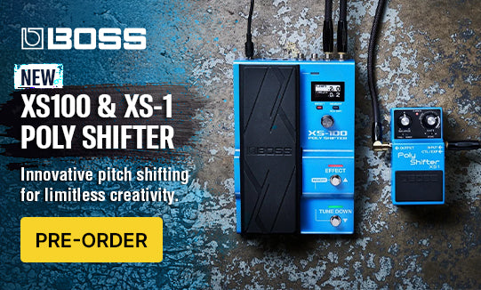 Boss XS100 and XS-1 Poly Shifter guitar effect pedals on a textured background with promotional text.
