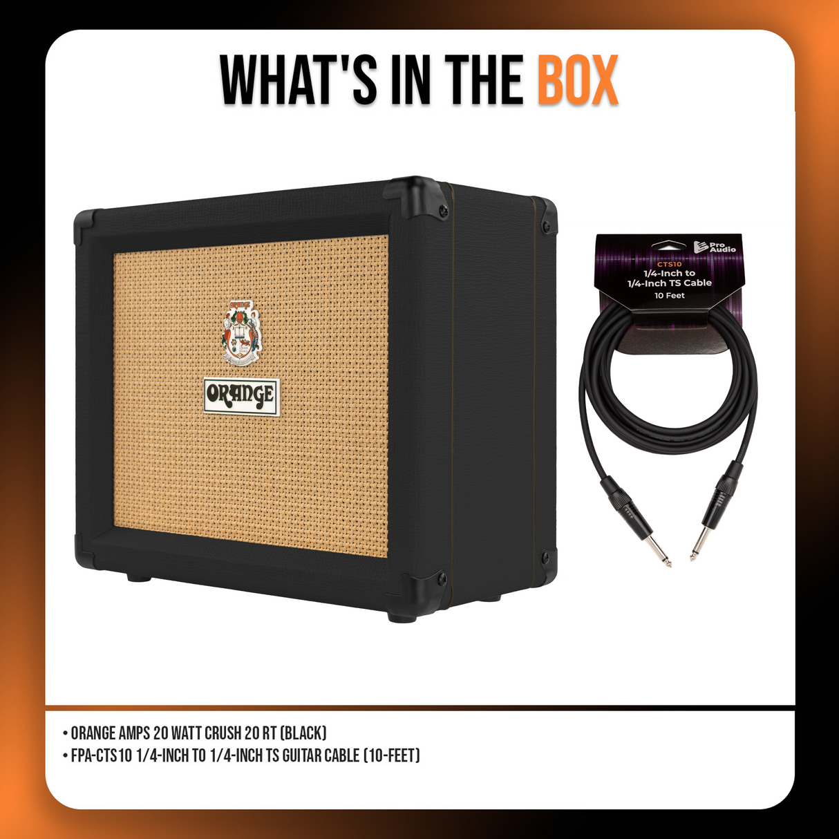 Orange Amps 20 Watt Black CRUSH 20 RT and 10 Feet TS Guitar Cable Bundle