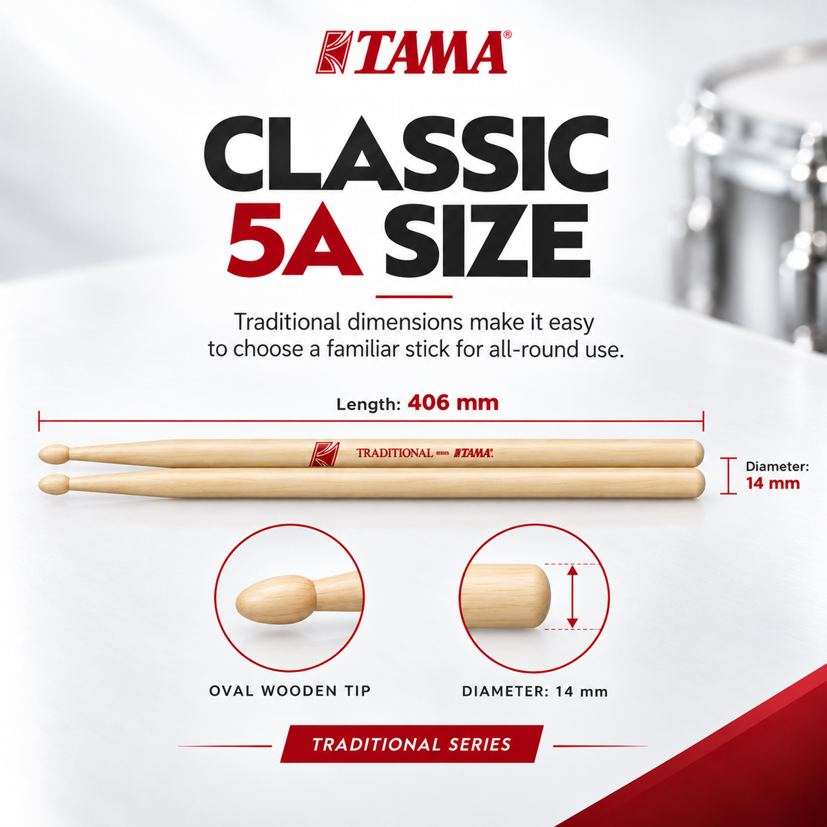 TAMA Traditional Series Drumstick Hickory 5A (Red)