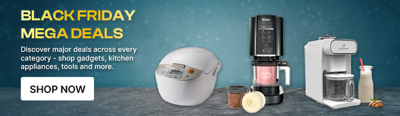 Lifestyle by Focus: Advertisement for Black Friday deals with kitchen appliances on a blue background