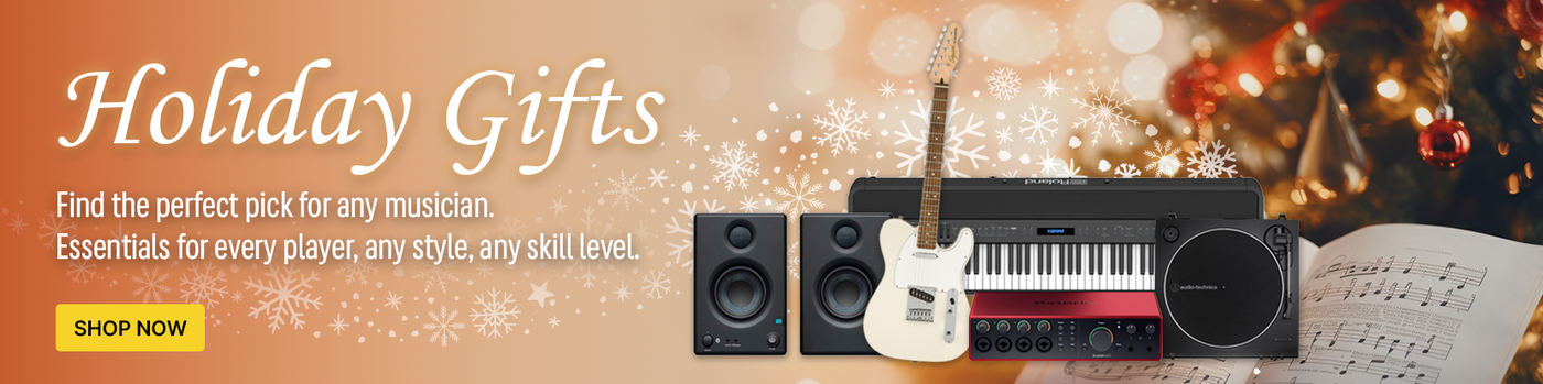 Promotional banner for holiday gifts with musical instruments and festive background