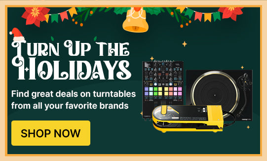 Promotional graphic for holiday turntable deals with text and DJ equipment illustration.