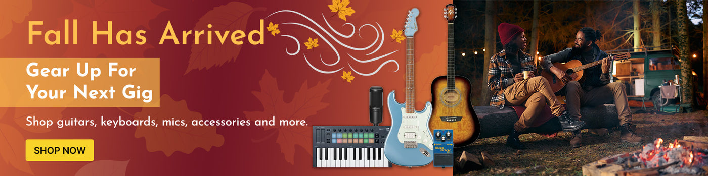 Promotional banner for musical instruments with guitars and text on a red background