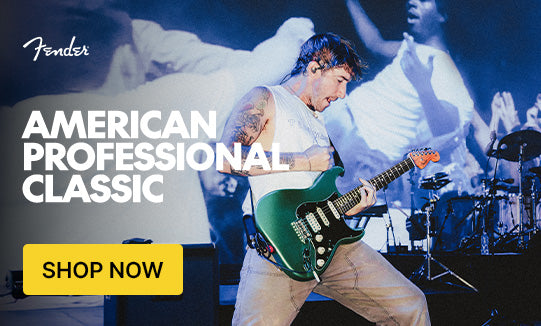 Person playing a green Fender guitar with promotional text for American Professional Classic guitars.