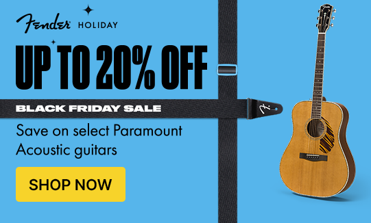 Fender acoustic guitar with promotional text for Black Friday sale on a blue background