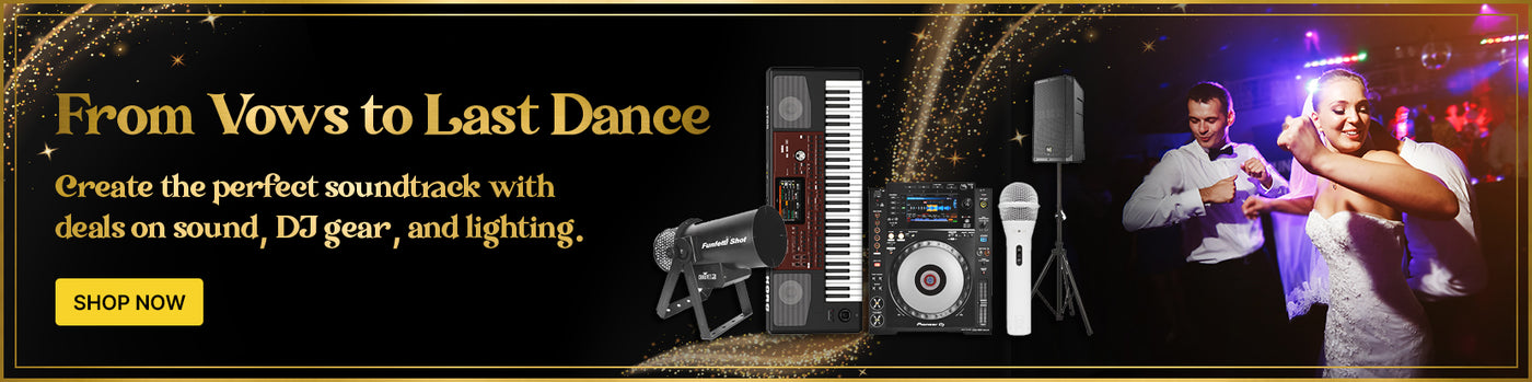 Promotional banner for sound equipment and DJ gear with text 'From Vows to Last Dance' and images of musical instruments and people dancing.