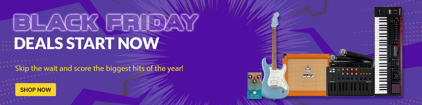 Promotional banner for Black Friday deals with musical instruments on a purple background