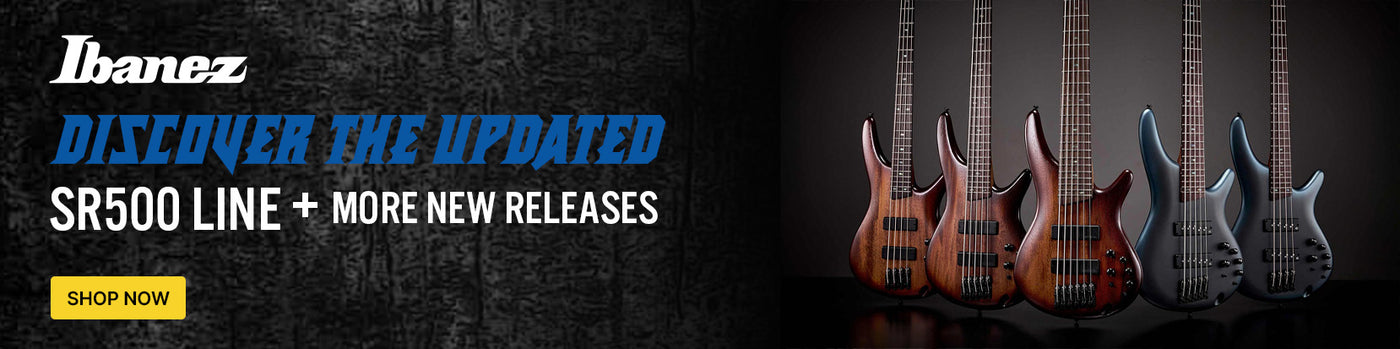 Ibanez guitar advertisement with six electric guitars on a dark background