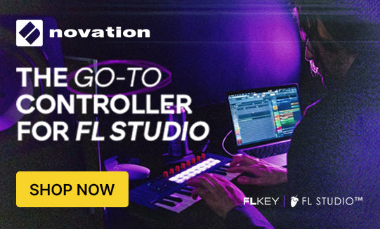 Person using a Novation FL Studio controller with text promoting the product.