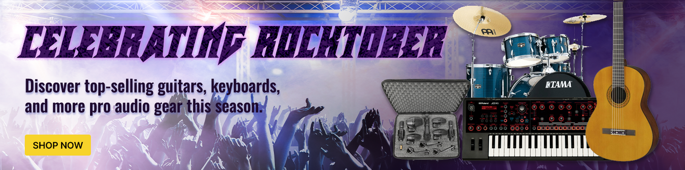 Promotional banner for 'Celebrating Rocktober' with musical instruments and text.