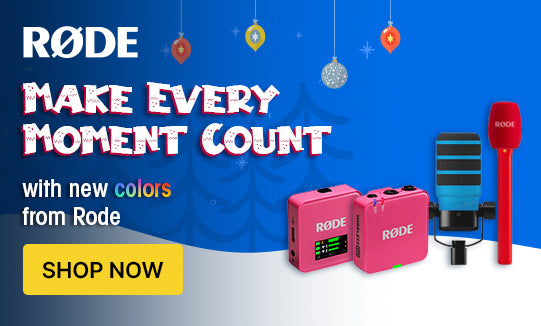 Rode microphones in different colors on a winter background