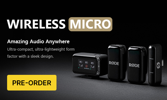 Rode Wireless Micro audio equipment with branding and pre-order information on a dark background