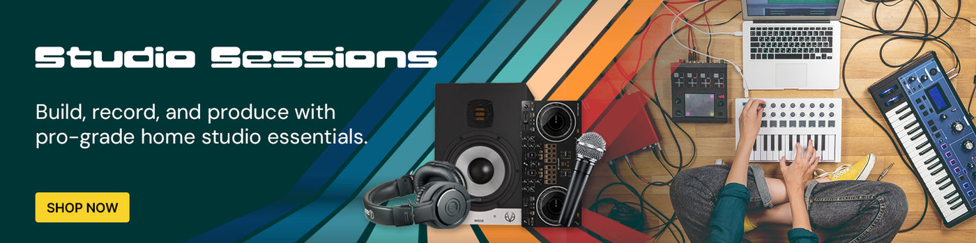 Home studio setup with equipment on a colorful background, featuring text about studio sessions.