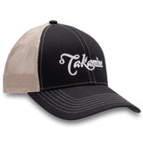 Takamine Guitars Trucker Hat with Adjustable Hook and Loop, One Size – Official Guitar Brand Cap (Black ,Tan)