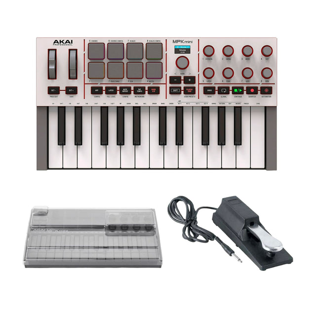 Akai Professional MPK Mini IV 25-Key USB-C MIDI Keyboard Controller (White) with Cover and Pedal - 1