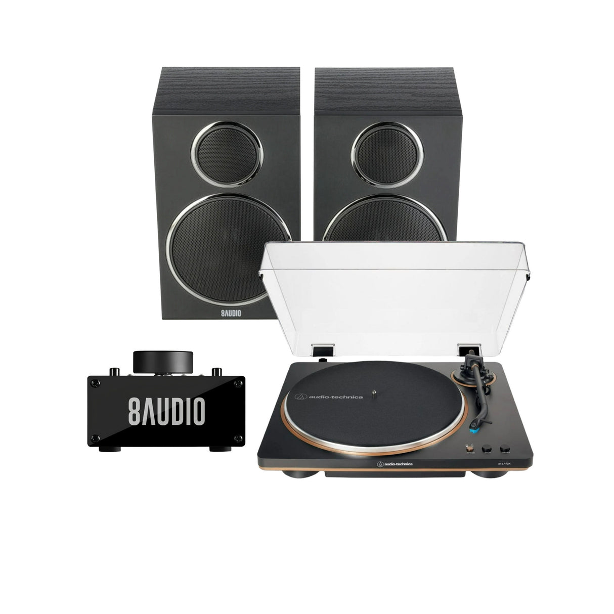 Audio-Technica AT-LP70X-BG Belt-Drive Turntable (Black/Bronze) with Amplifier System and Speakers - 1