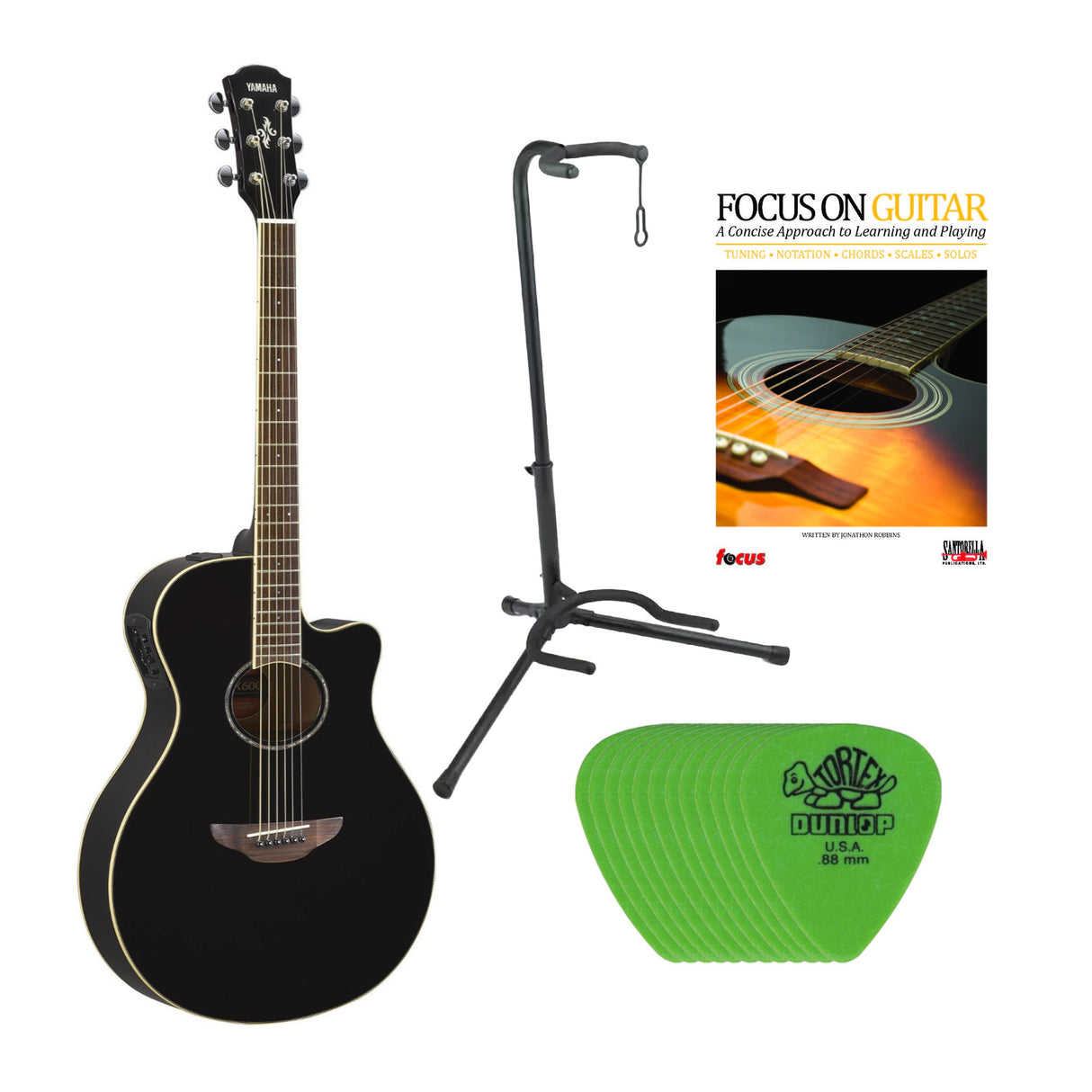 Yamaha APX600BL Thinline Acoustic-Electric Guitar (Black) with Stand Bunlde