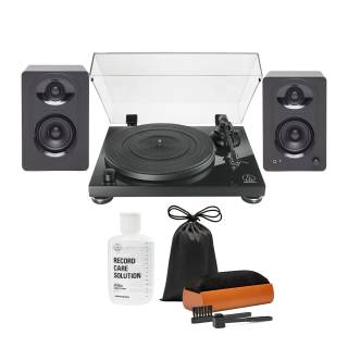 Audio-Technica AT-LPW50PB Manual Belt-Drive Turntable Bundle with Speaker and Record Care Solution