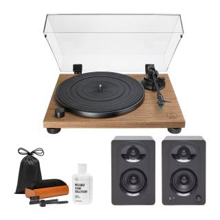 Audio-Technica AT-LPW40WN Fully Manual Belt-Drive Turntable with Speakers and Record Care System