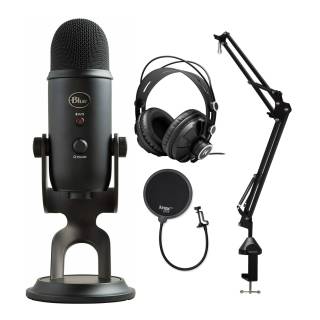 BLUE Microphones Yeti Blackout USB Microphone Bundle with Knox Studio Stand, Studio Headphones and Pop Filter (4 Items)