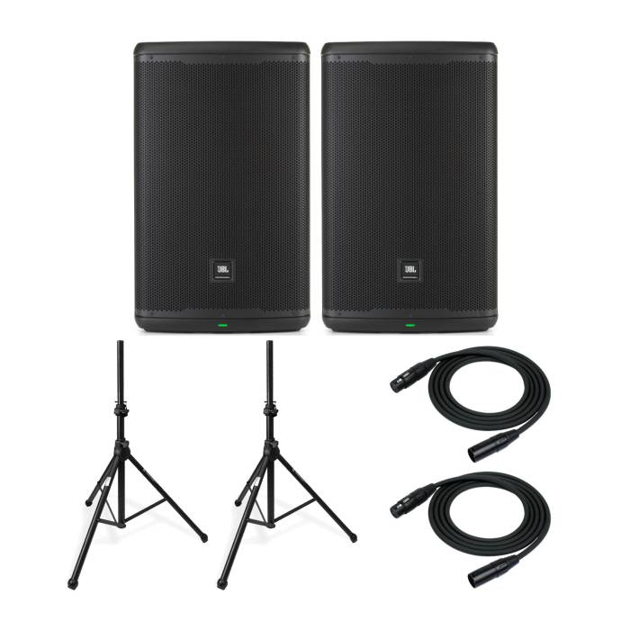 JBL Professional EON715 15" Powered Bluetooth PA Loudspeaker (Pair) with Speaker Stands and XLR Cables