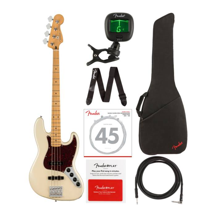 Fender Player Plus Jazz Bass, Maple Fingerboard Value Bundle - Olympic Pearl