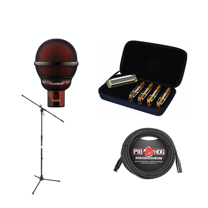 Hohner Blues Harp 5-Piece Diatonic Harmonica Bundle with Audix Fireball Harmonica Microphone, Boom Stand, and XLR Cable