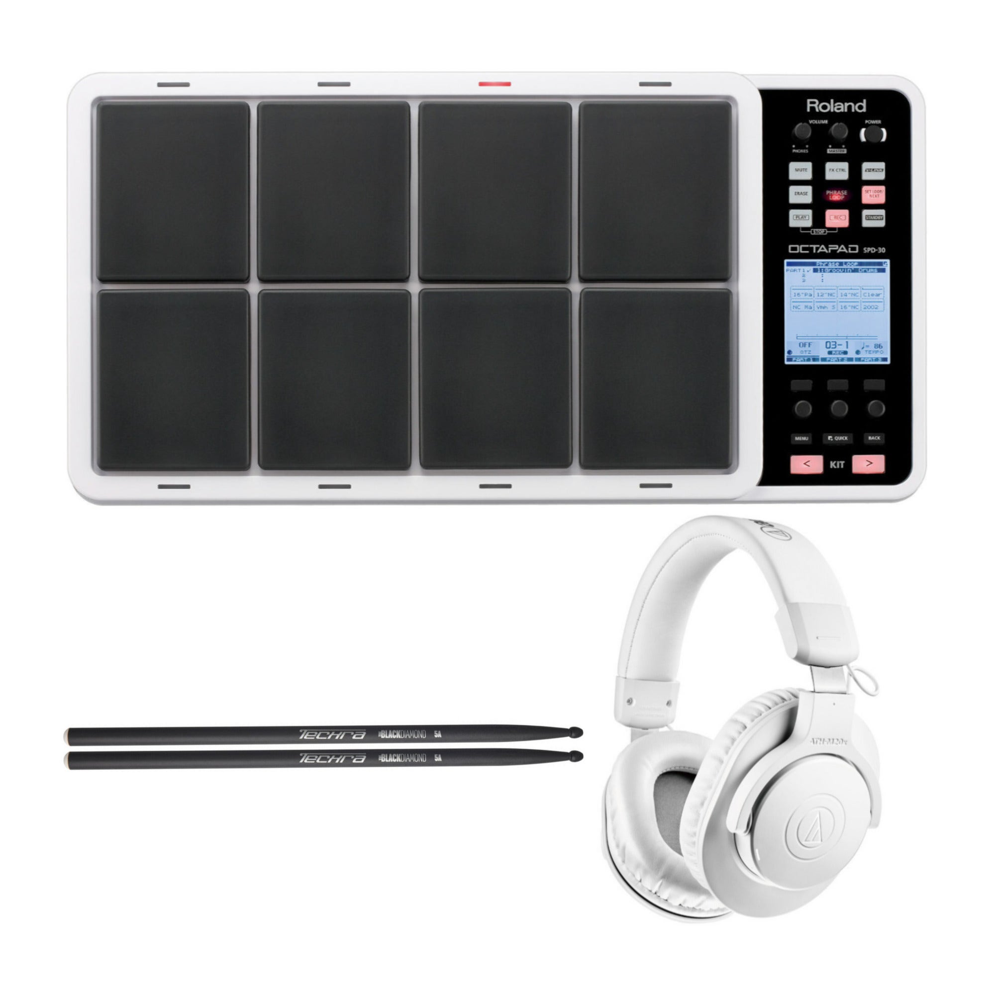 Roland Octapad SPD 30 Digital Percussion Pad White with Headphones and and 5A Drumsticks
